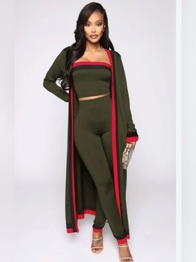 My way 3 pc Olive Green  Lounge Jumpsuit Set with Red Trim
